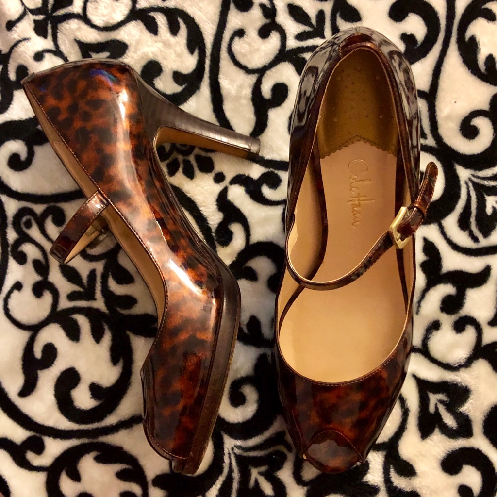 Cole Haan Cheetah Patent Leather Peep Toe Pumps